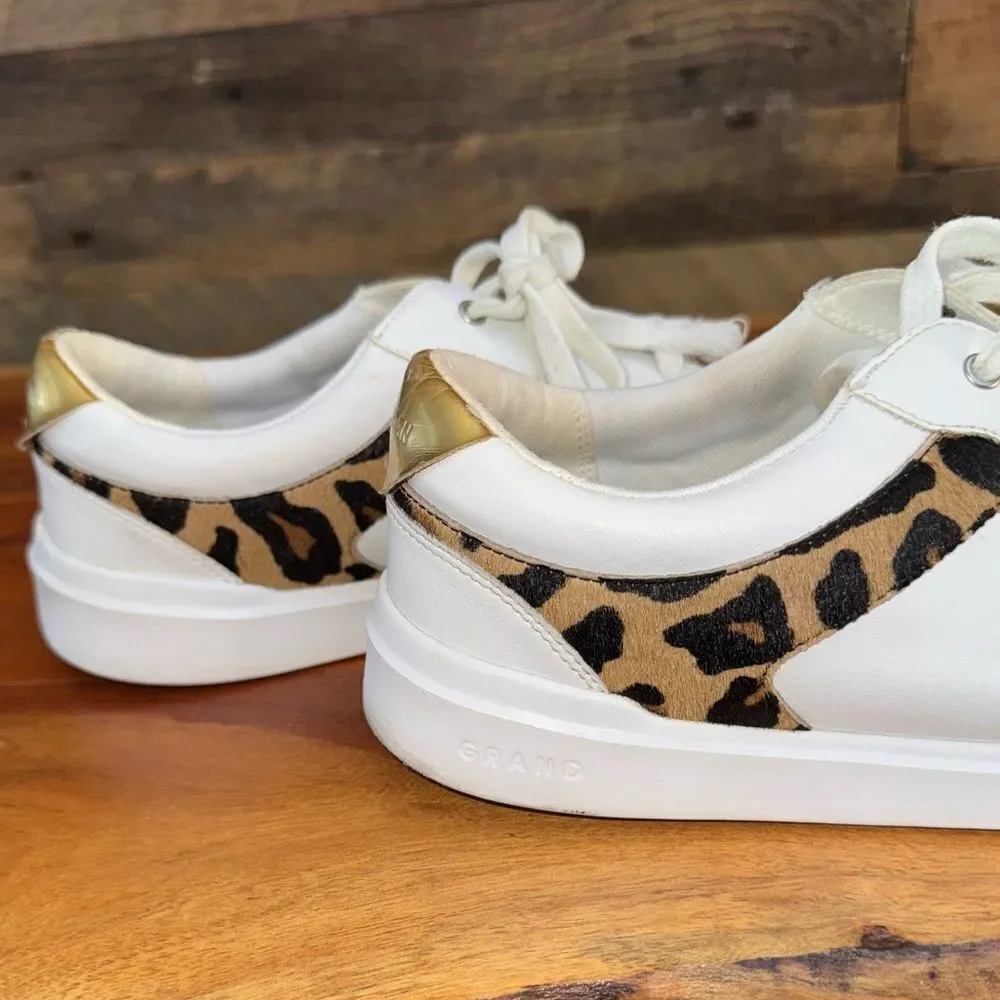 Cole Haan GrandPro Leather Sneakers Leopard Trim White Gold 10.5B